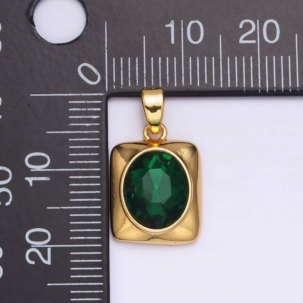 24K Gold plated Green Oval CZ Multifaceted Square Pendant | AA581 - DLUXCA
