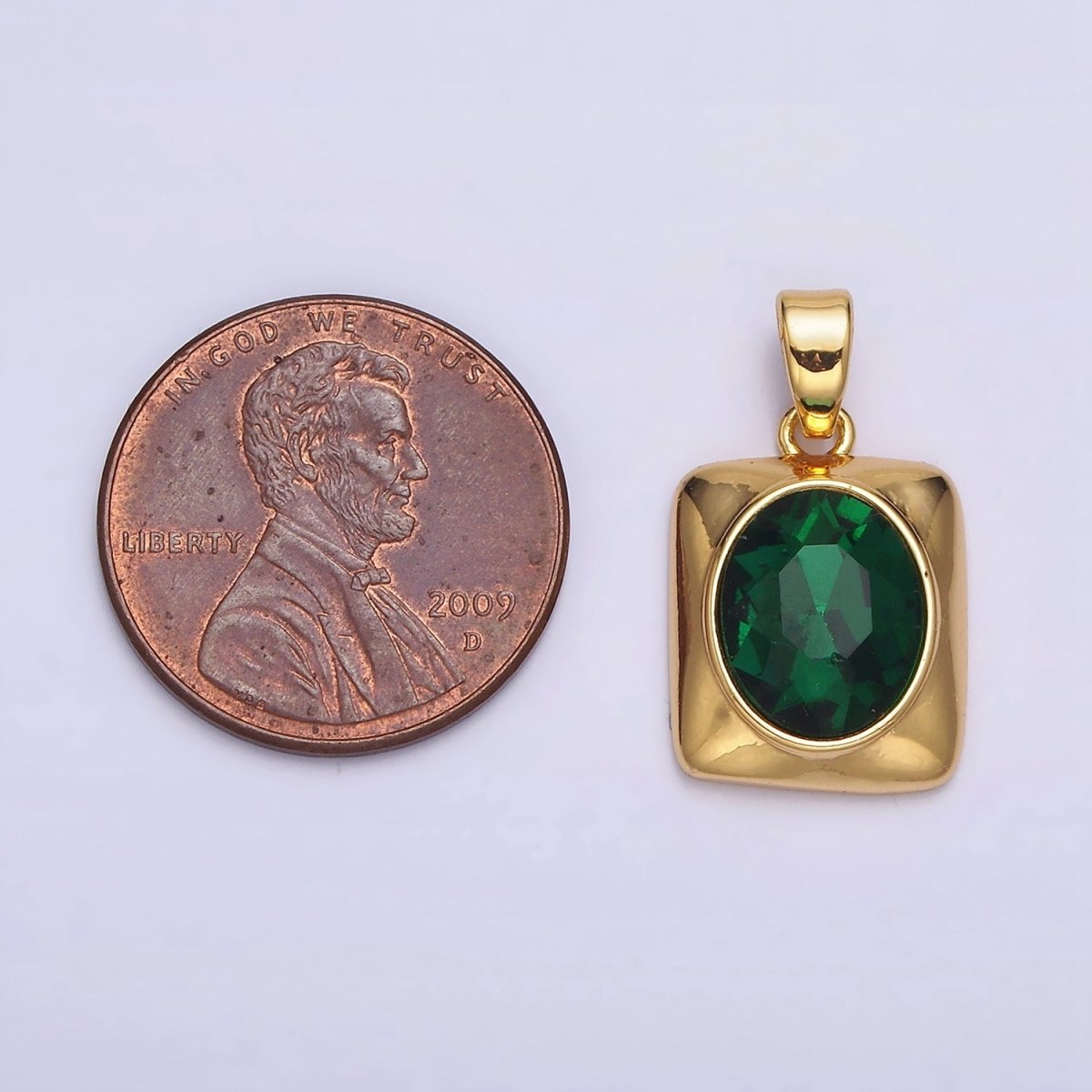 24K Gold plated Green Oval CZ Multifaceted Square Pendant | AA581 - DLUXCA