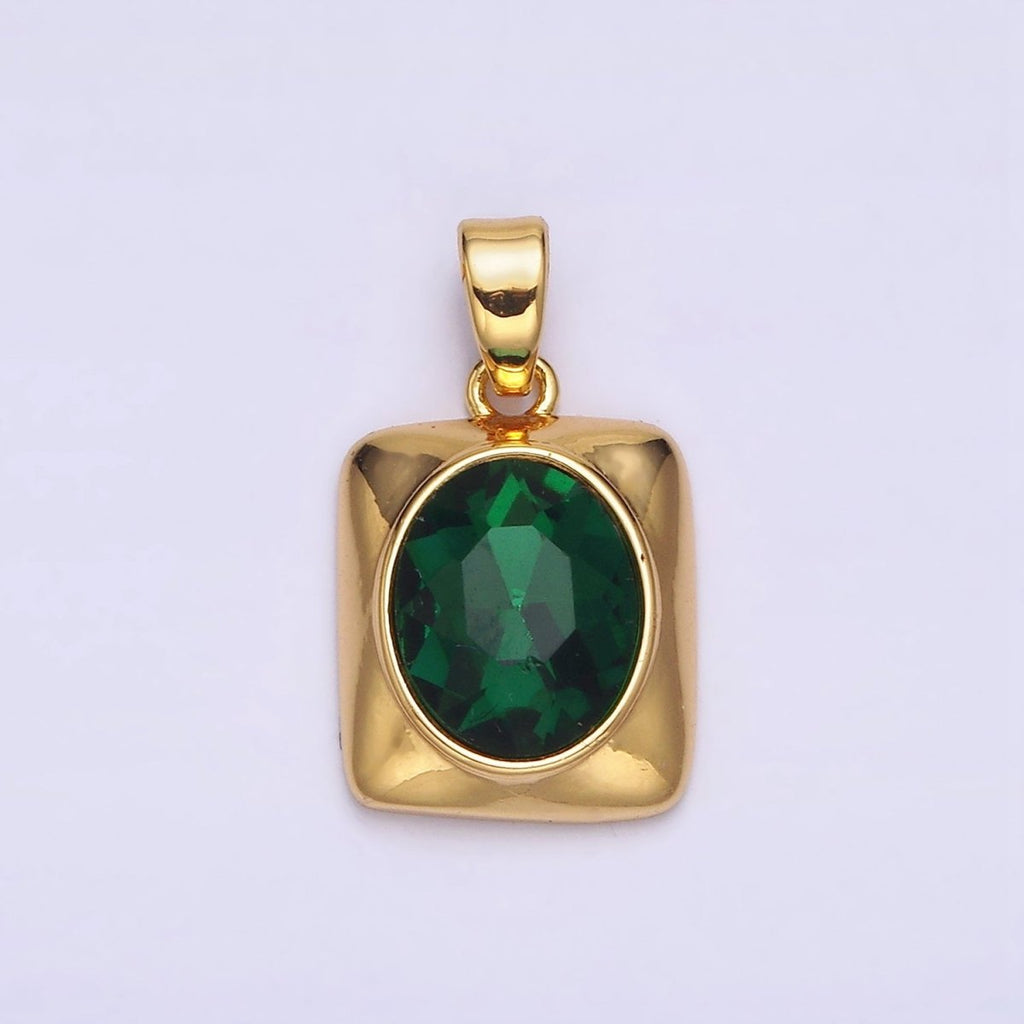 24K Gold plated Green Oval CZ Multifaceted Square Pendant | AA581 - DLUXCA