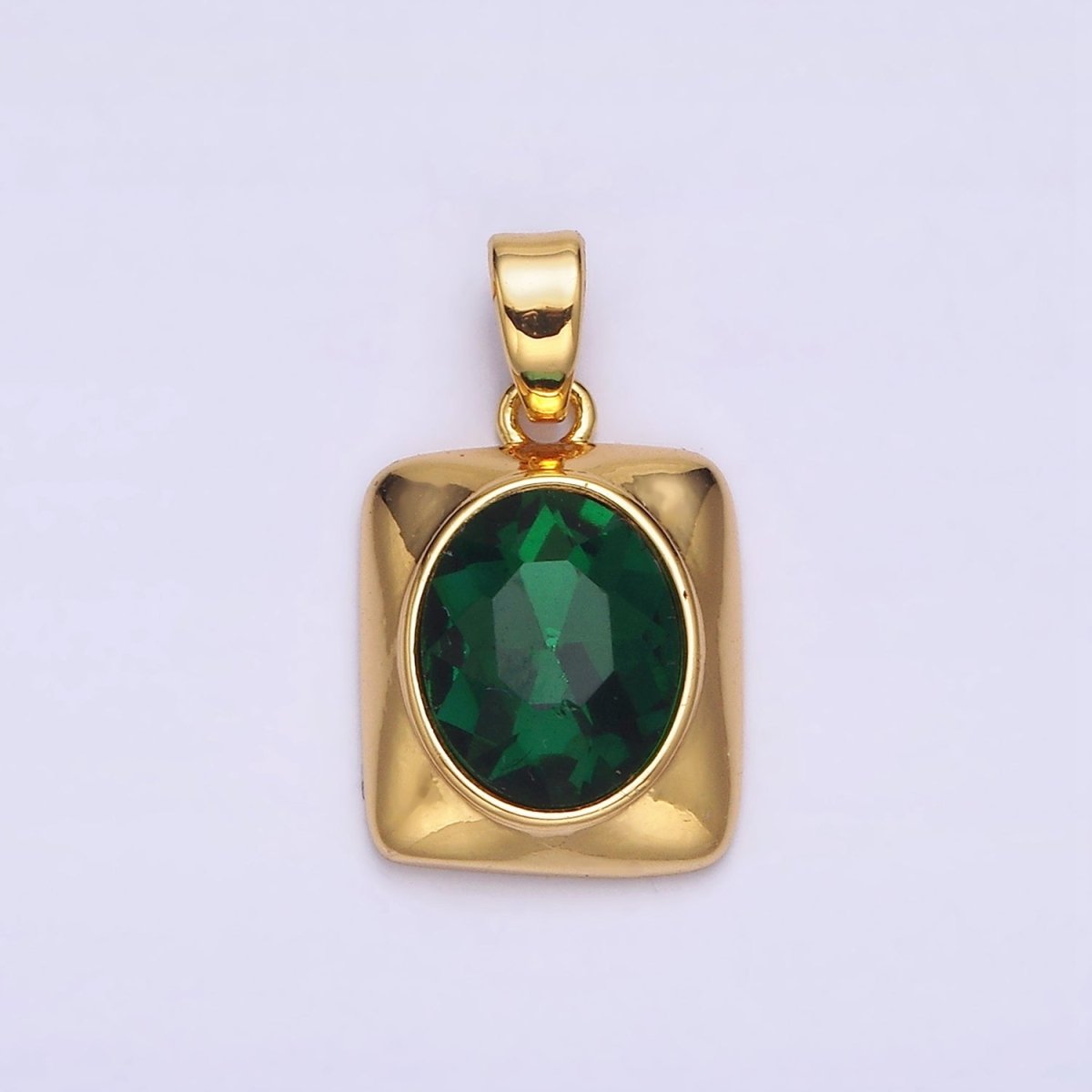24K Gold plated Green Oval CZ Multifaceted Square Pendant | AA581 - DLUXCA