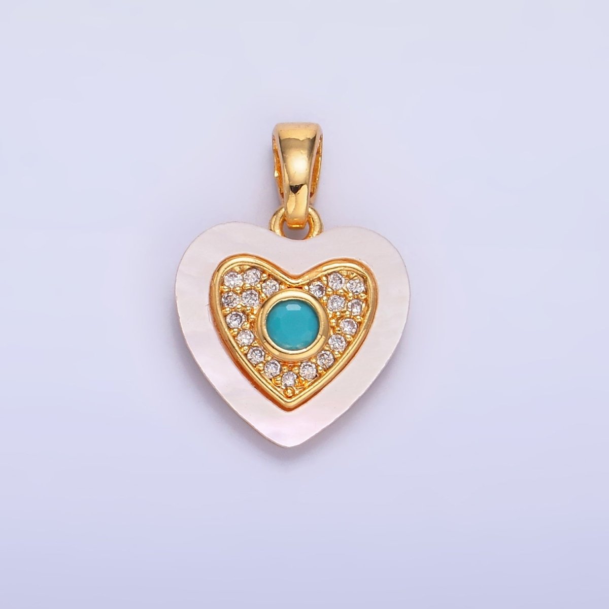 24K Gold plated Green, Red, Turquoise CZ Micro Paved Shell Pearl Heart Pendant | AA1064 AA1065 - DLUXCA