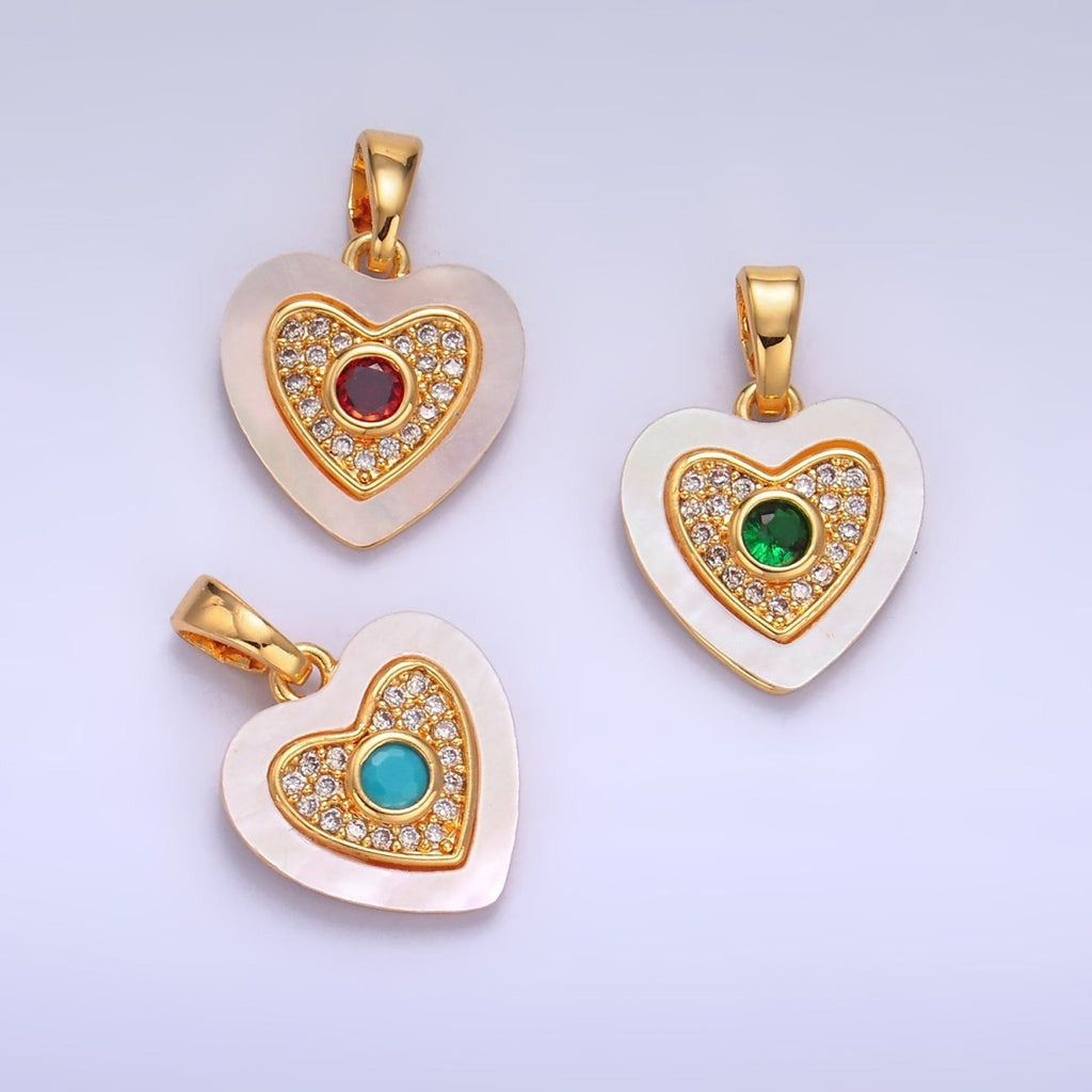 24K Gold plated Green, Red, Turquoise CZ Micro Paved Shell Pearl Heart Pendant | AA1064 AA1065 - DLUXCA