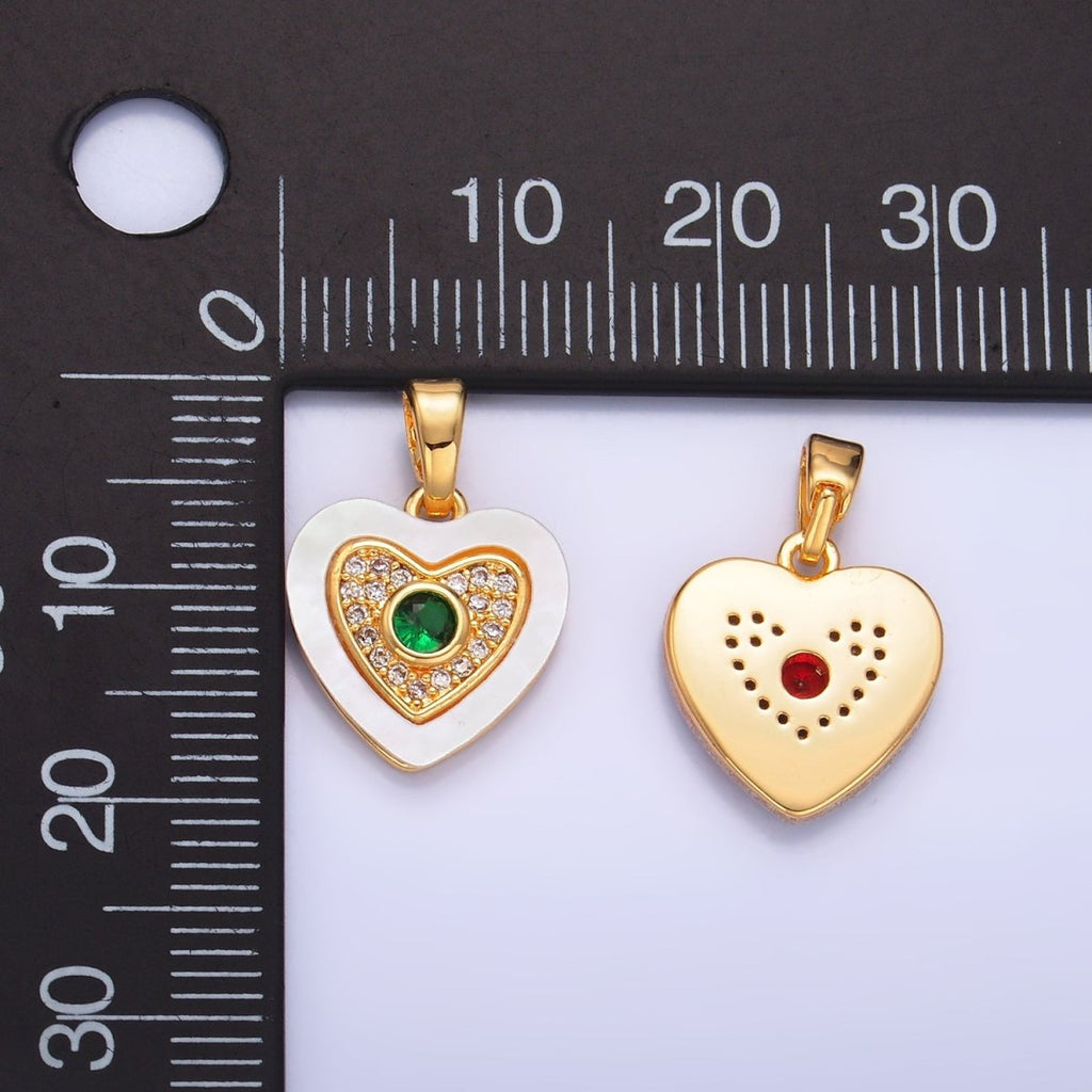 24K Gold plated Green, Red, Turquoise CZ Micro Paved Shell Pearl Heart Pendant | AA1064 AA1065 - DLUXCA