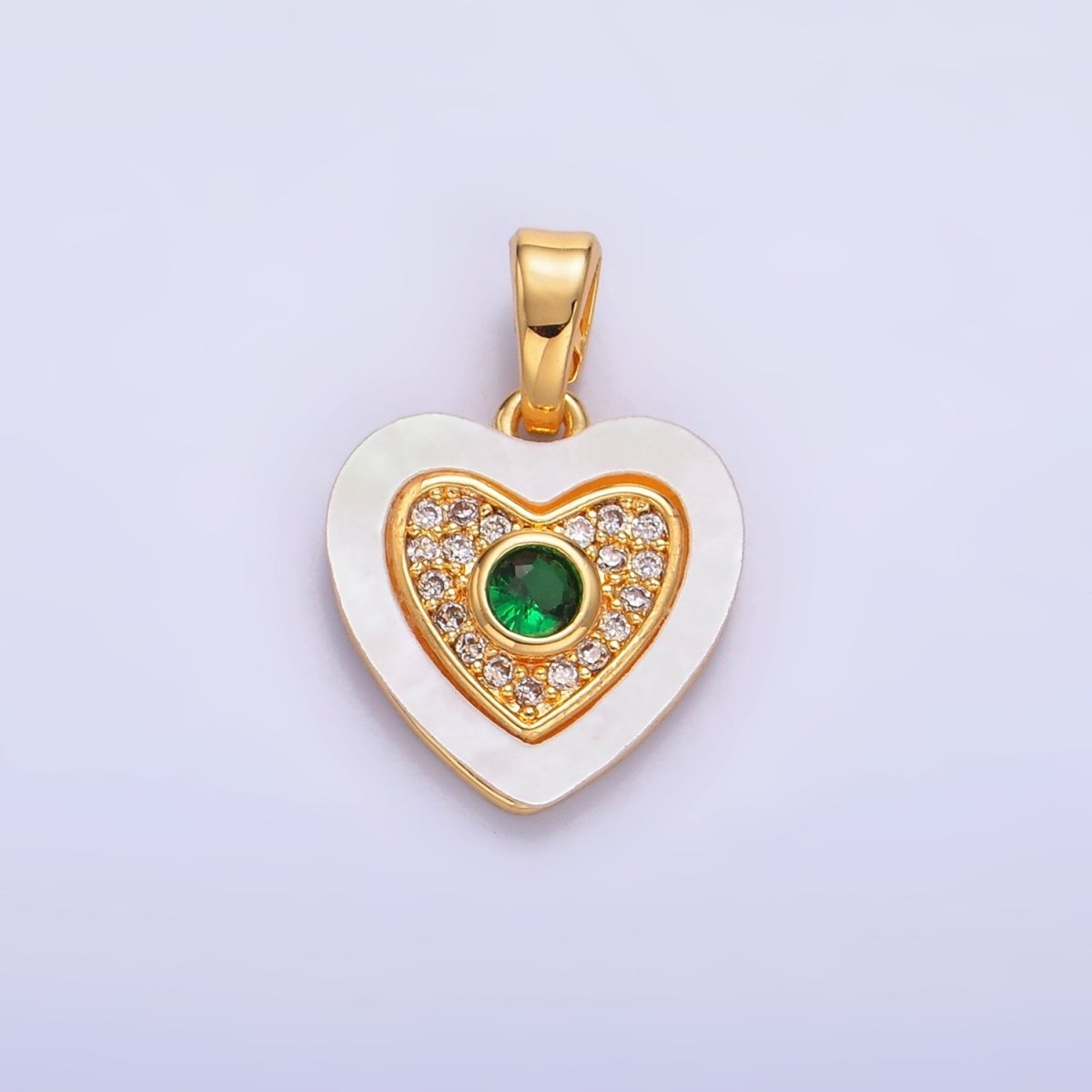 24K Gold plated Green, Red, Turquoise CZ Micro Paved Shell Pearl Heart Pendant | AA1064 AA1065 - DLUXCA