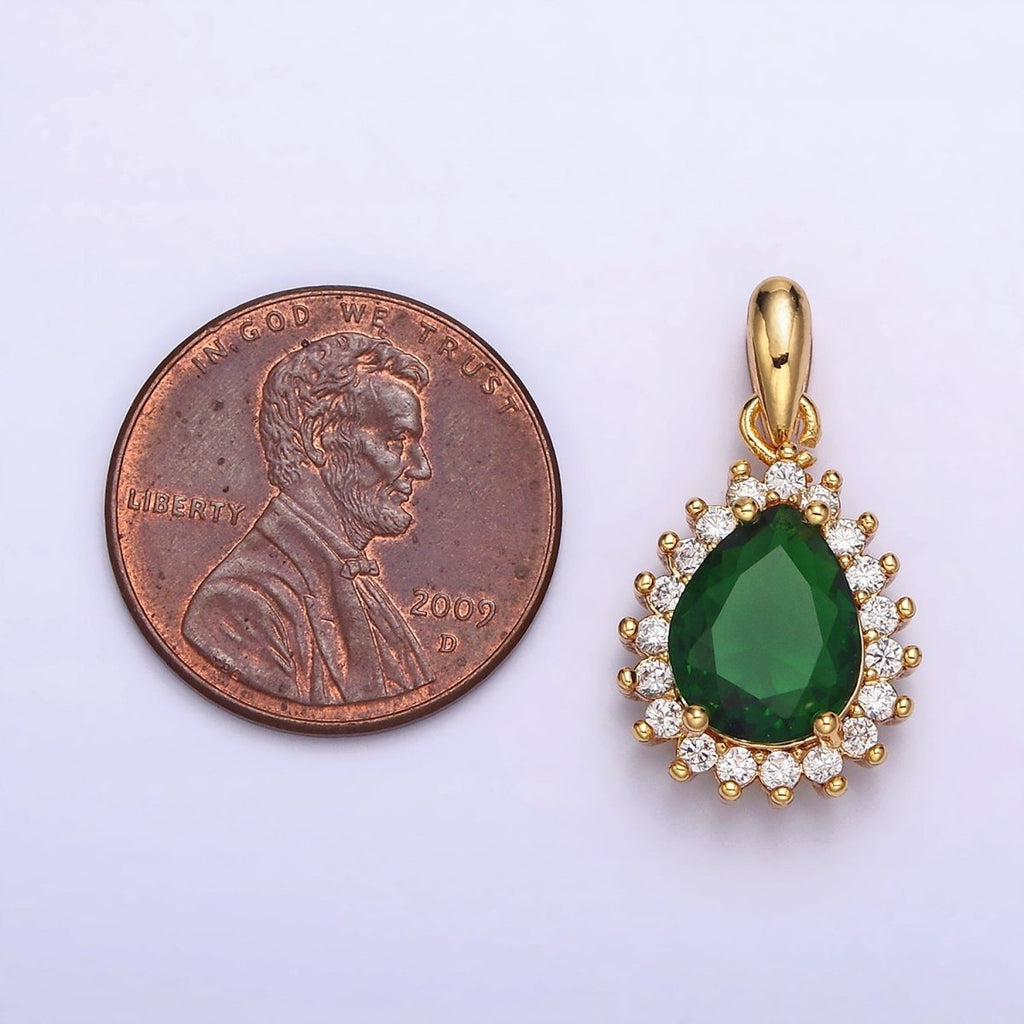 24K Gold plated Green Teardrop Clear CZ Lined Pendant | AA602 - DLUXCA