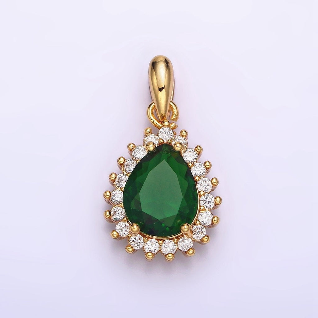 24K Gold plated Green Teardrop Clear CZ Lined Pendant | AA602 - DLUXCA