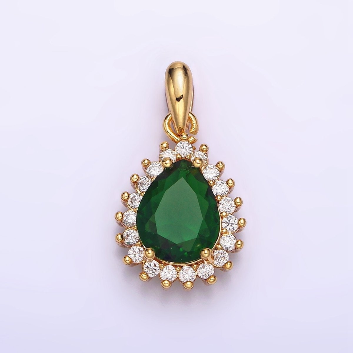 24K Gold plated Green Teardrop Clear CZ Lined Pendant | AA602 - DLUXCA