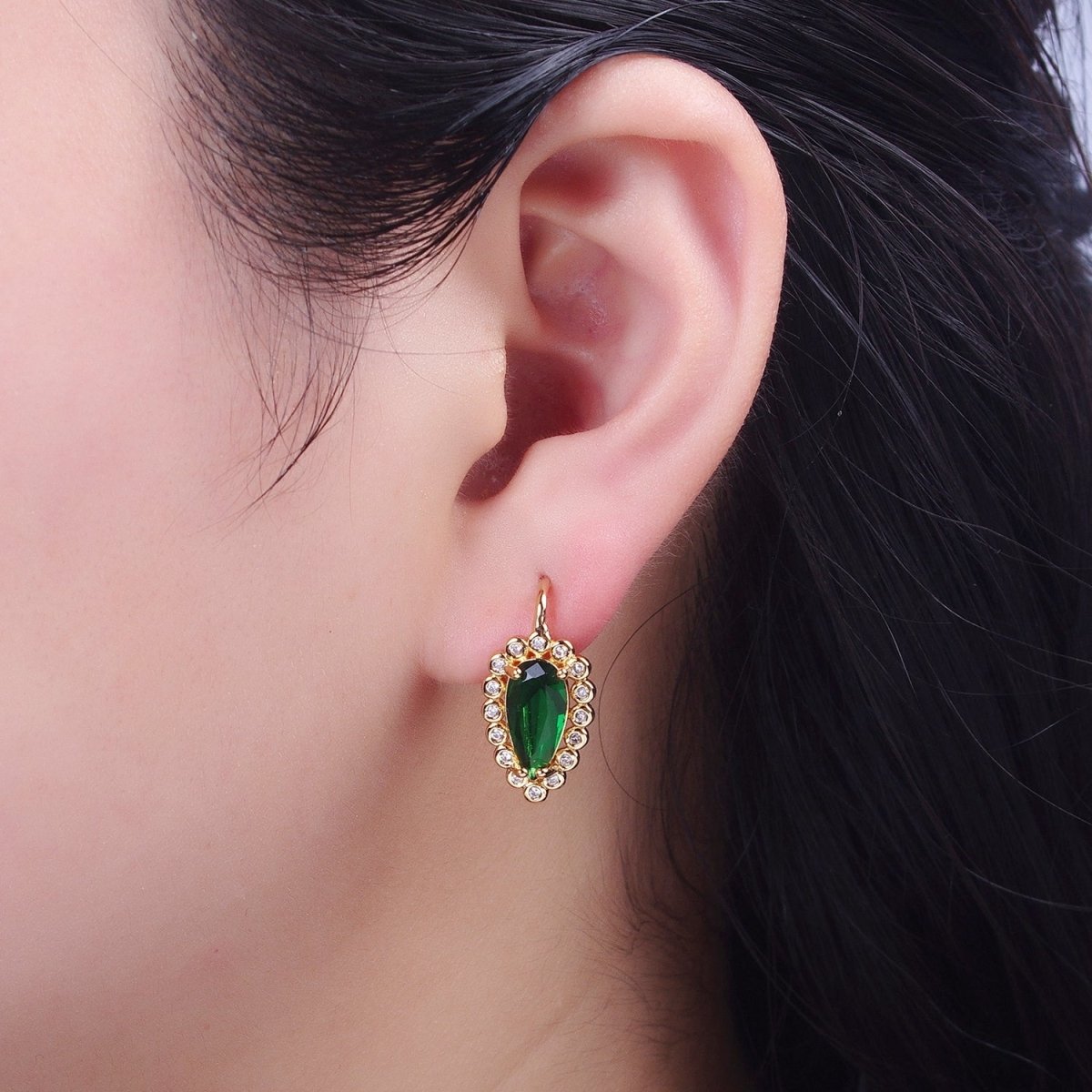 24K Gold plated Green Teardrop Cubic Zirconia Hook Earrings Q-030 - DLUXCA