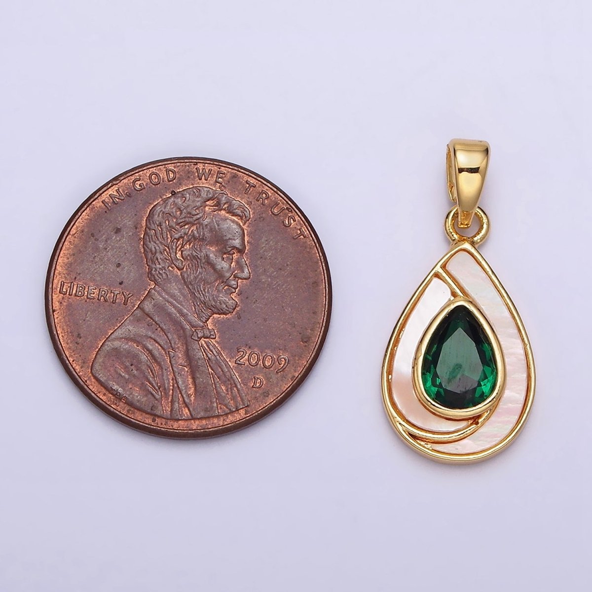 24K Gold plated Green Teardrop CZ Shell Pearl Lined Pendant | AA579 - DLUXCA