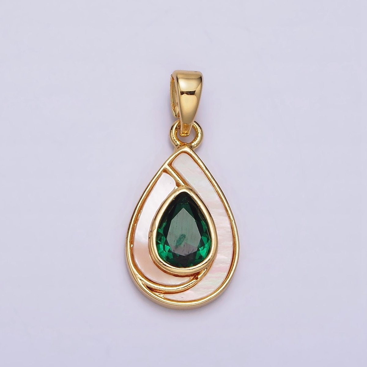 24K Gold plated Green Teardrop CZ Shell Pearl Lined Pendant | AA579 - DLUXCA