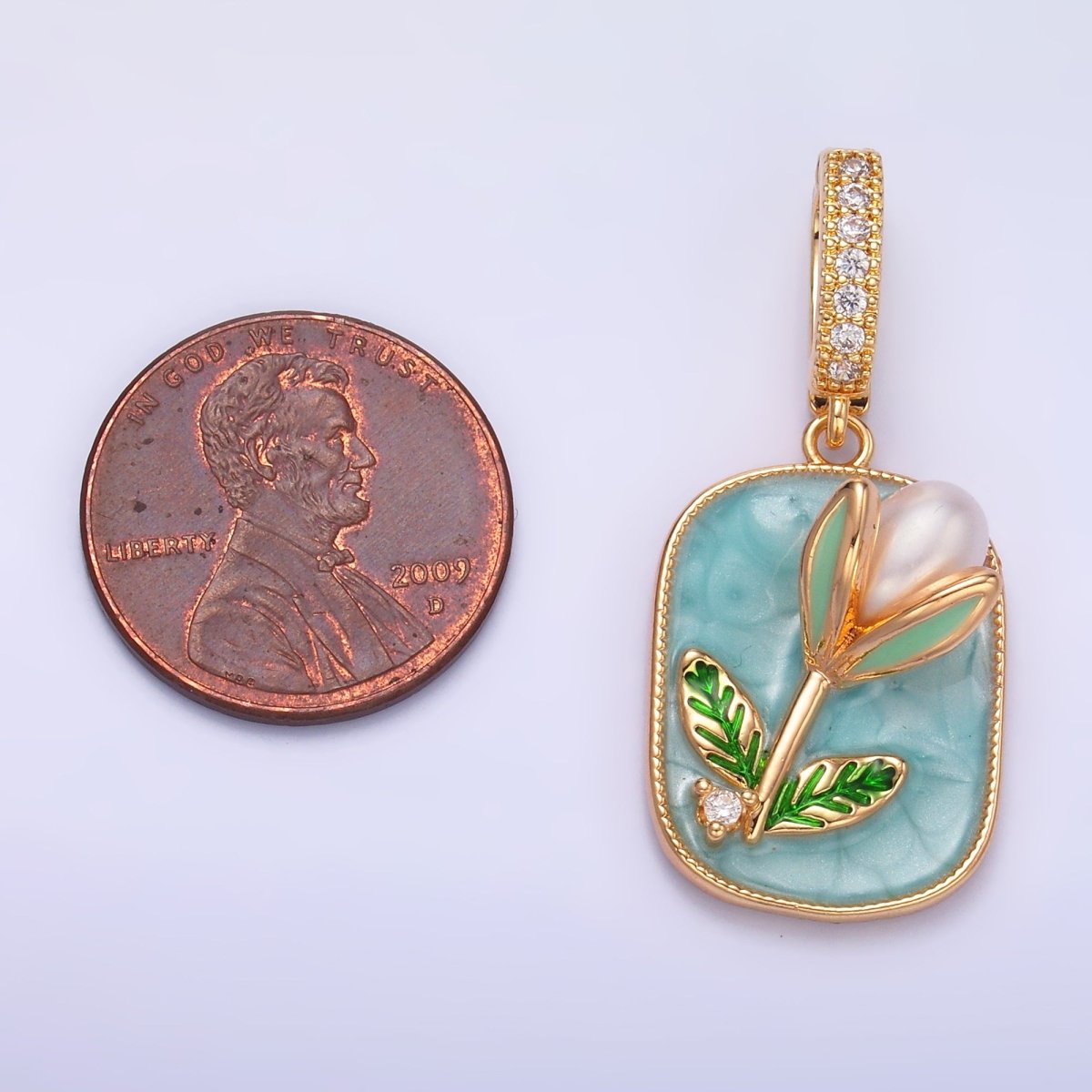 24K Gold plated Green Tulip Floral Micro Paved CZ Snap Bail Pendant | AA1444 - DLUXCA