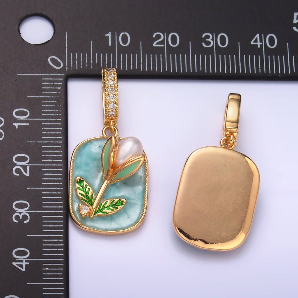 24K Gold plated Green Tulip Floral Micro Paved CZ Snap Bail Pendant | AA1444 - DLUXCA