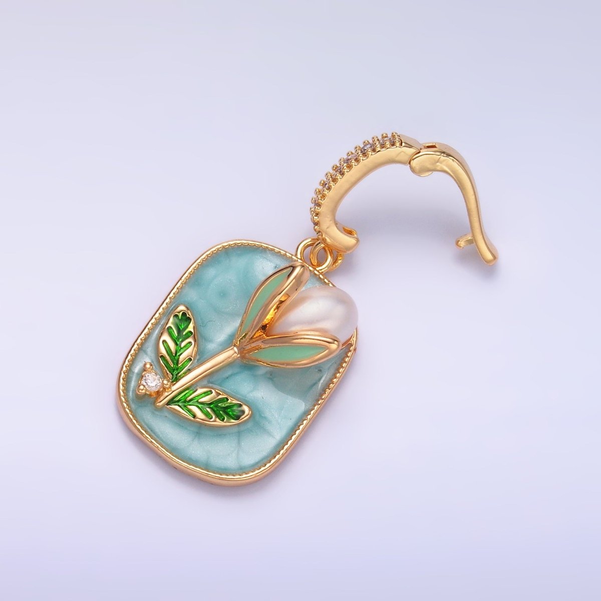 24K Gold plated Green Tulip Floral Micro Paved CZ Snap Bail Pendant | AA1444 - DLUXCA