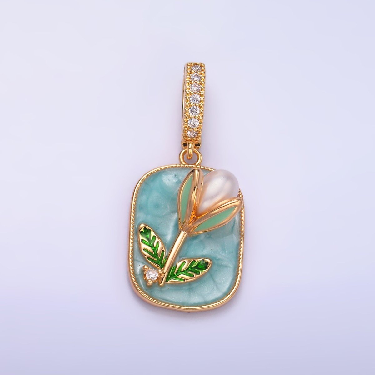 24K Gold plated Green Tulip Floral Micro Paved CZ Snap Bail Pendant | AA1444 - DLUXCA