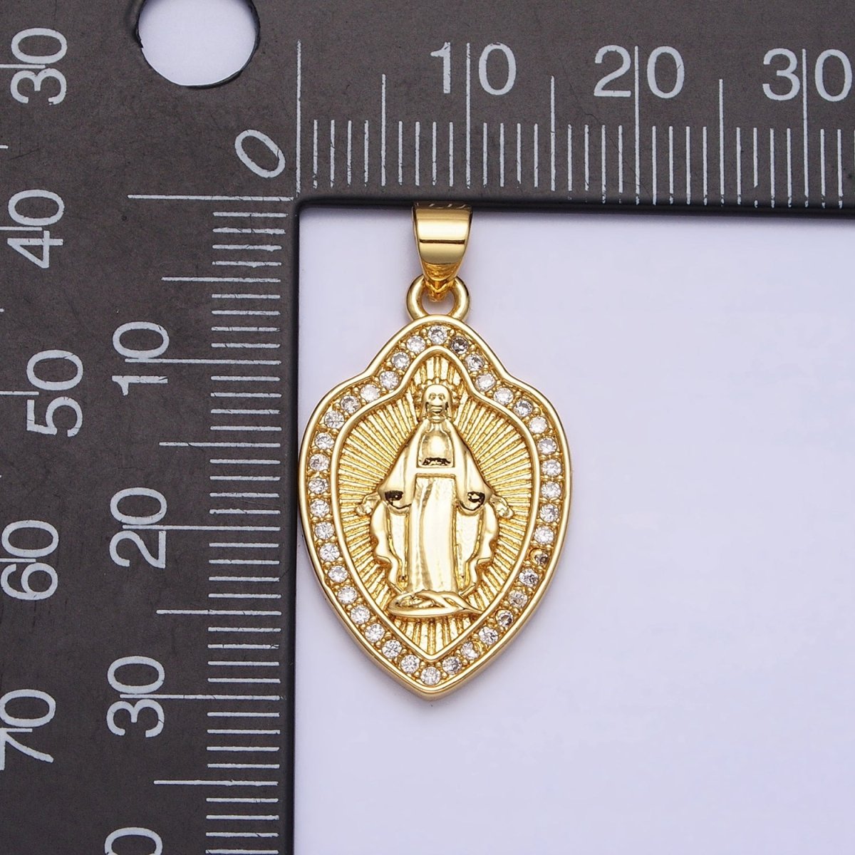 24K Gold plated Guadalupe Virgin Mary Line Textured Shield Micro Paved CZ Pendant | AA207 - DLUXCA