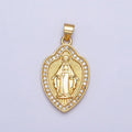 24K Gold plated Guadalupe Virgin Mary Line Textured Shield Micro Paved CZ Pendant | AA207 - DLUXCA