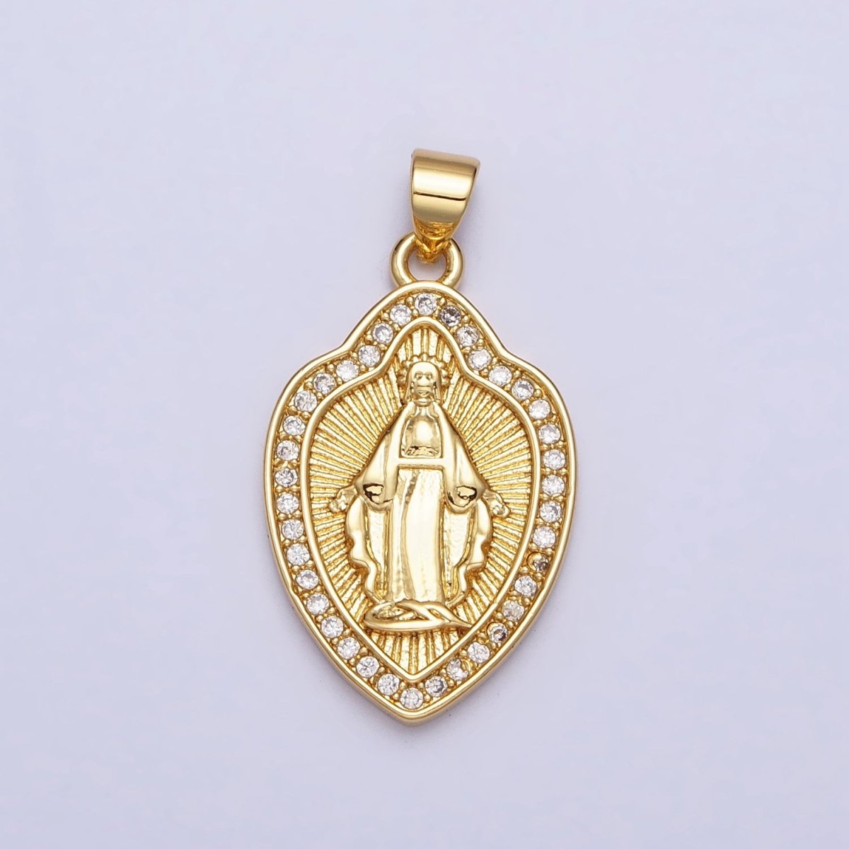 24K Gold plated Guadalupe Virgin Mary Line Textured Shield Micro Paved CZ Pendant | AA207 - DLUXCA