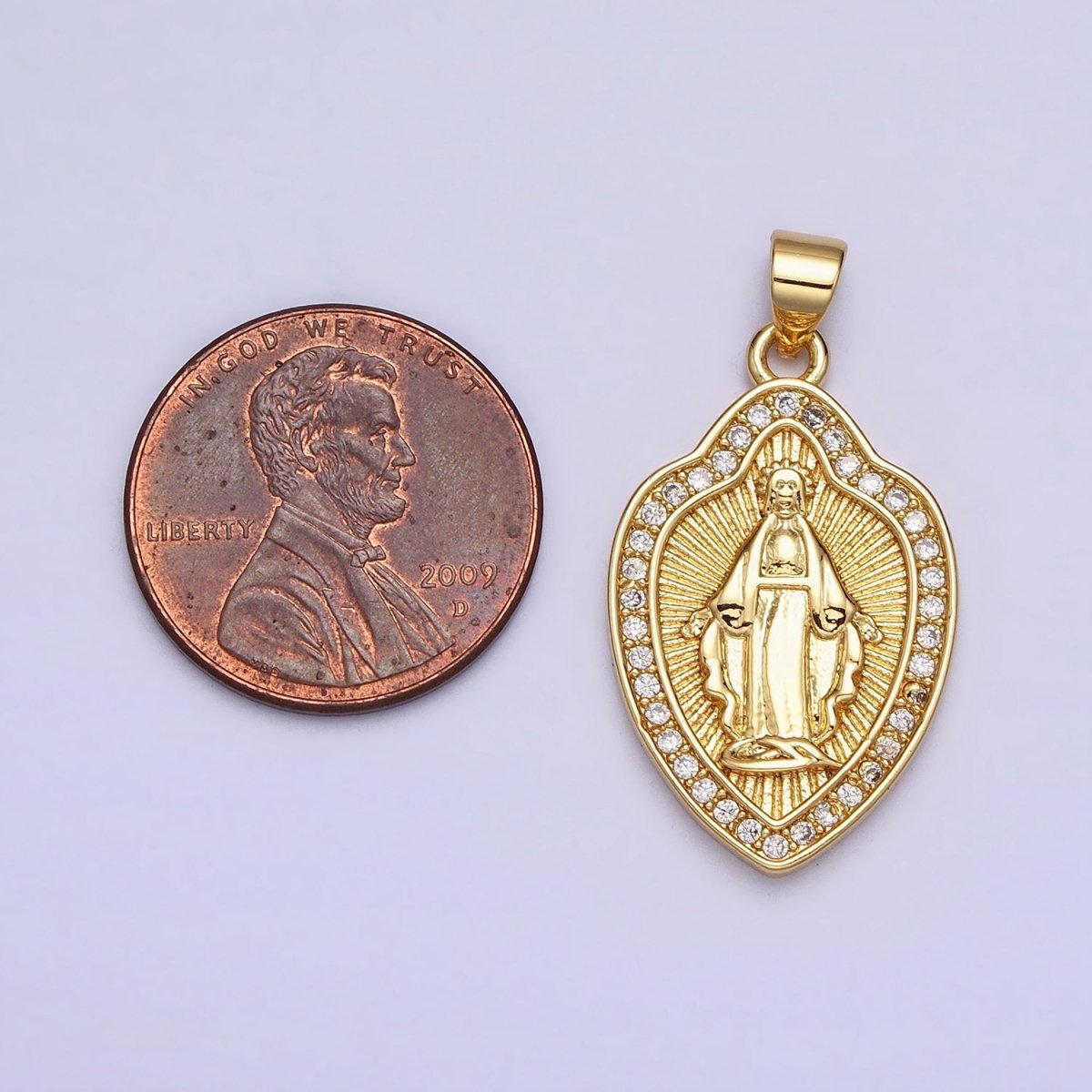 24K Gold plated Guadalupe Virgin Mary Line Textured Shield Micro Paved CZ Pendant | AA207 - DLUXCA