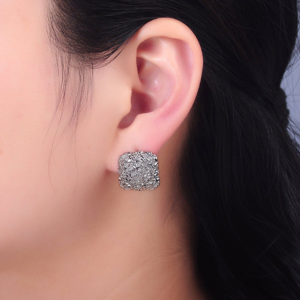 24K Gold plated Hammered Square Stud Earrings in Gold & Silver | AB883 AB899 - DLUXCA