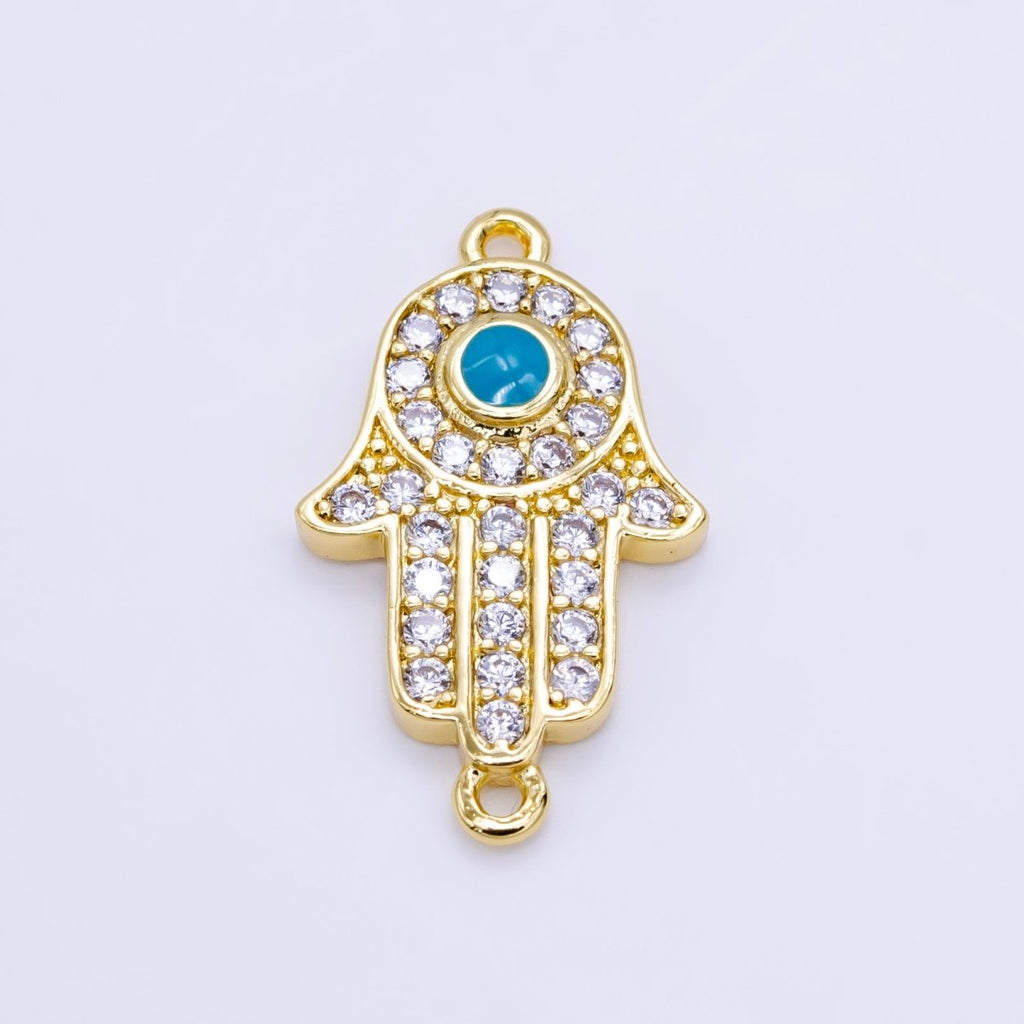 24K Gold plated Hamsa Hand Turquoise Micro Paved CZ Connector in Gold & Silver | F023