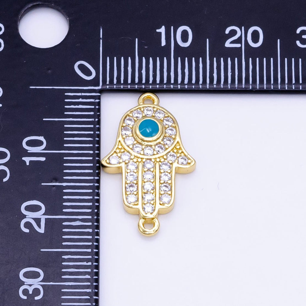 24K Gold plated Hamsa Hand Turquoise Micro Paved CZ Connector in Gold & Silver | F023