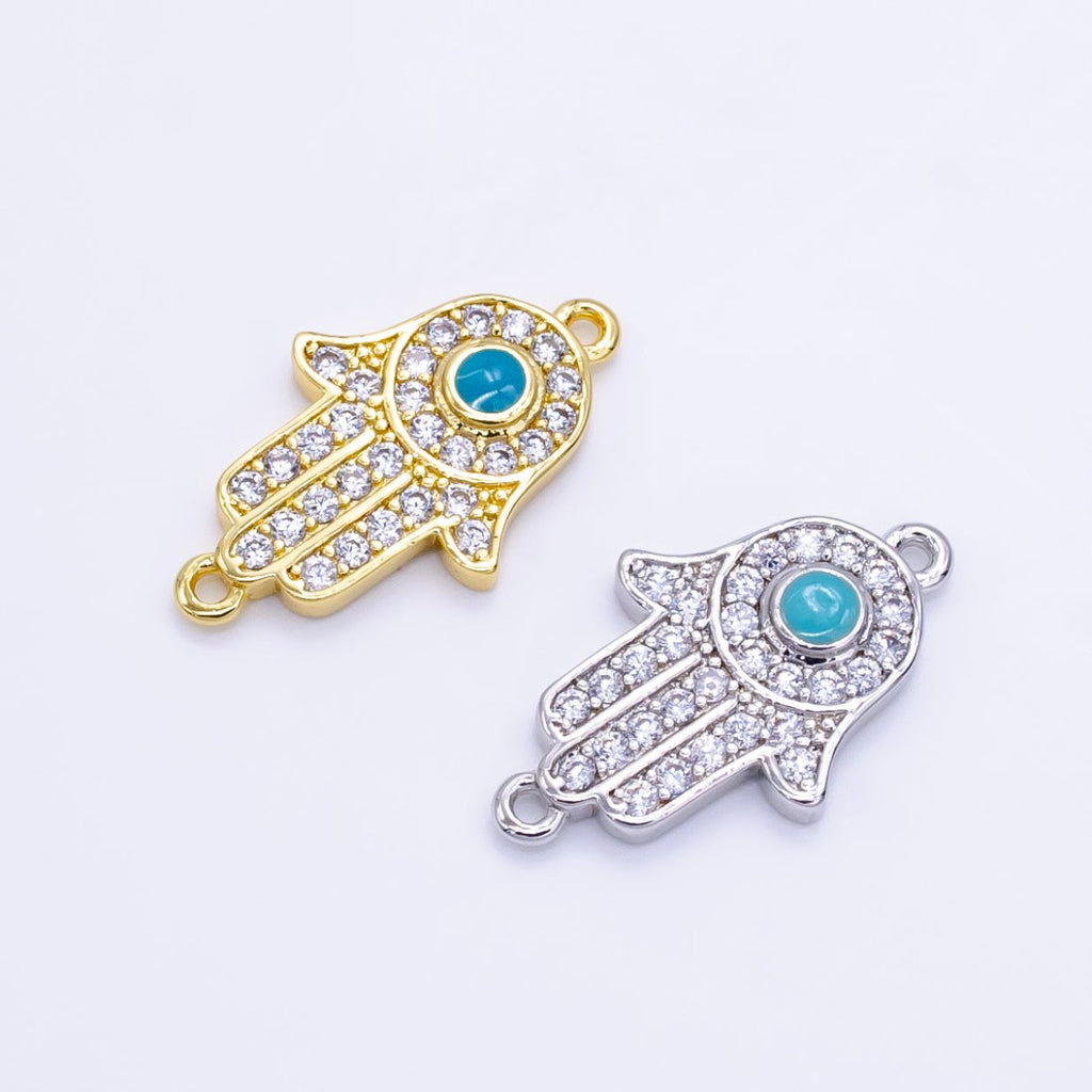 24K Gold plated Hamsa Hand Turquoise Micro Paved CZ Connector in Gold & Silver | F023