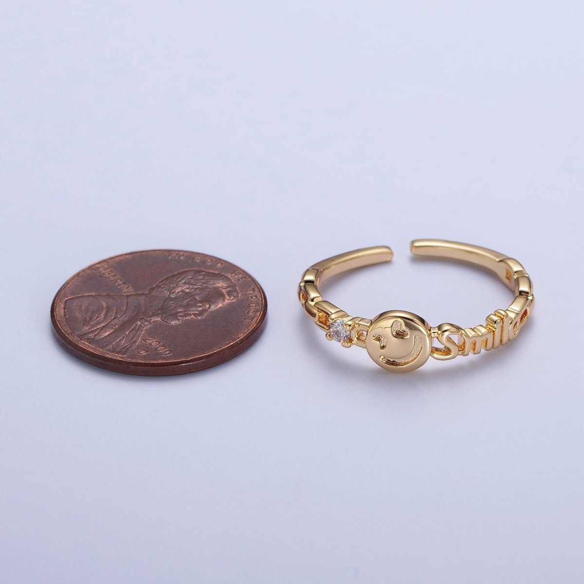 24K Gold plated Happy Face & Smile Script with Cubic Zirconia Adjustable Gold Ring | X-580 - DLUXCA