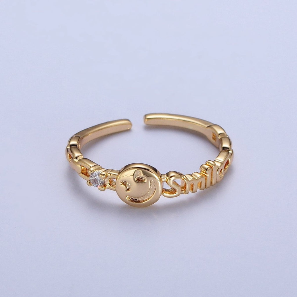 24K Gold plated Happy Face & Smile Script with Cubic Zirconia Adjustable Gold Ring | X-580 - DLUXCA
