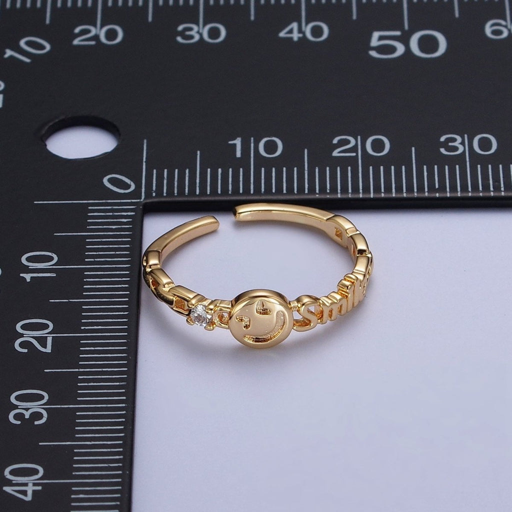 24K Gold plated Happy Face & Smile Script with Cubic Zirconia Adjustable Gold Ring | X-580 - DLUXCA