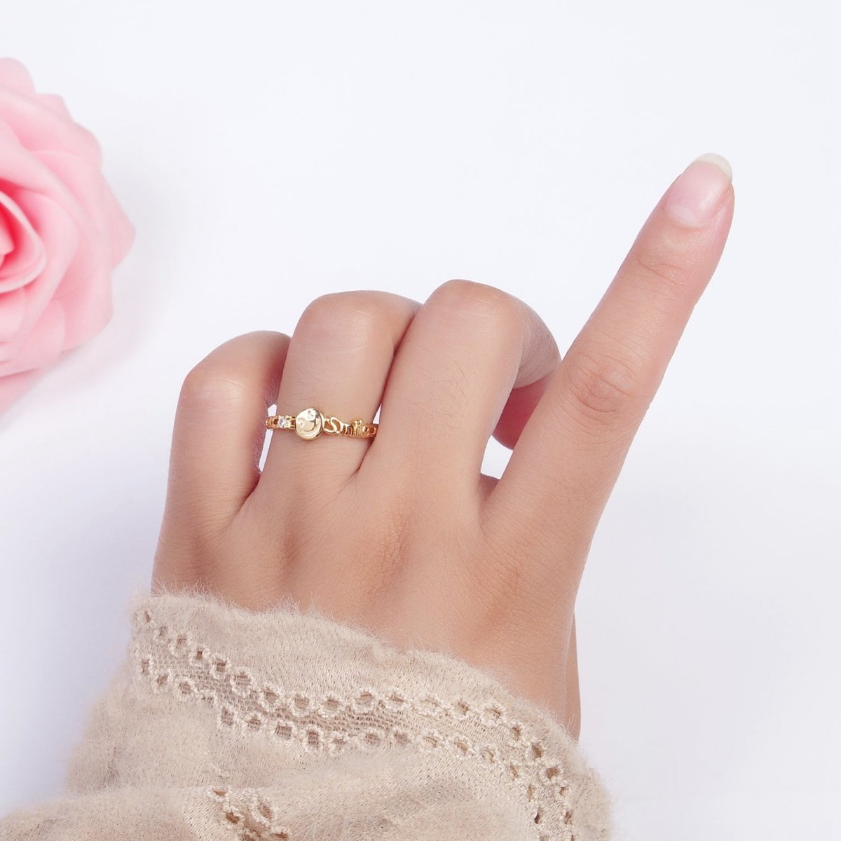 24K Gold plated Happy Face & Smile Script with Cubic Zirconia Adjustable Gold Ring | X-580 - DLUXCA