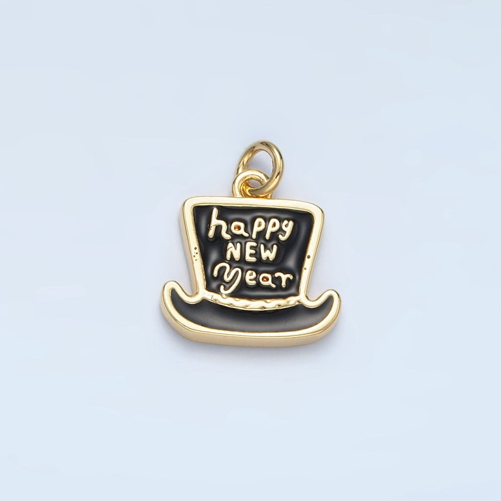 24K Gold plated "Happy New Year" Enamel Top Hat Charm in Gold & Silver | N502