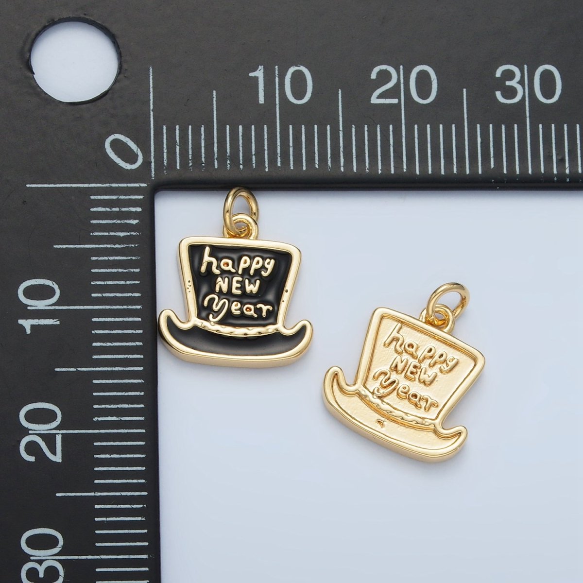 24K Gold plated "Happy New Year" Enamel Top Hat Charm in Gold & Silver | N502