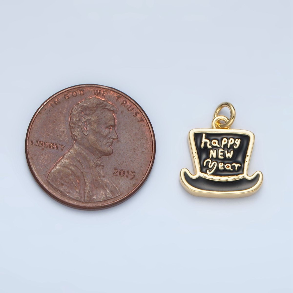 24K Gold plated "Happy New Year" Enamel Top Hat Charm in Gold & Silver | N502