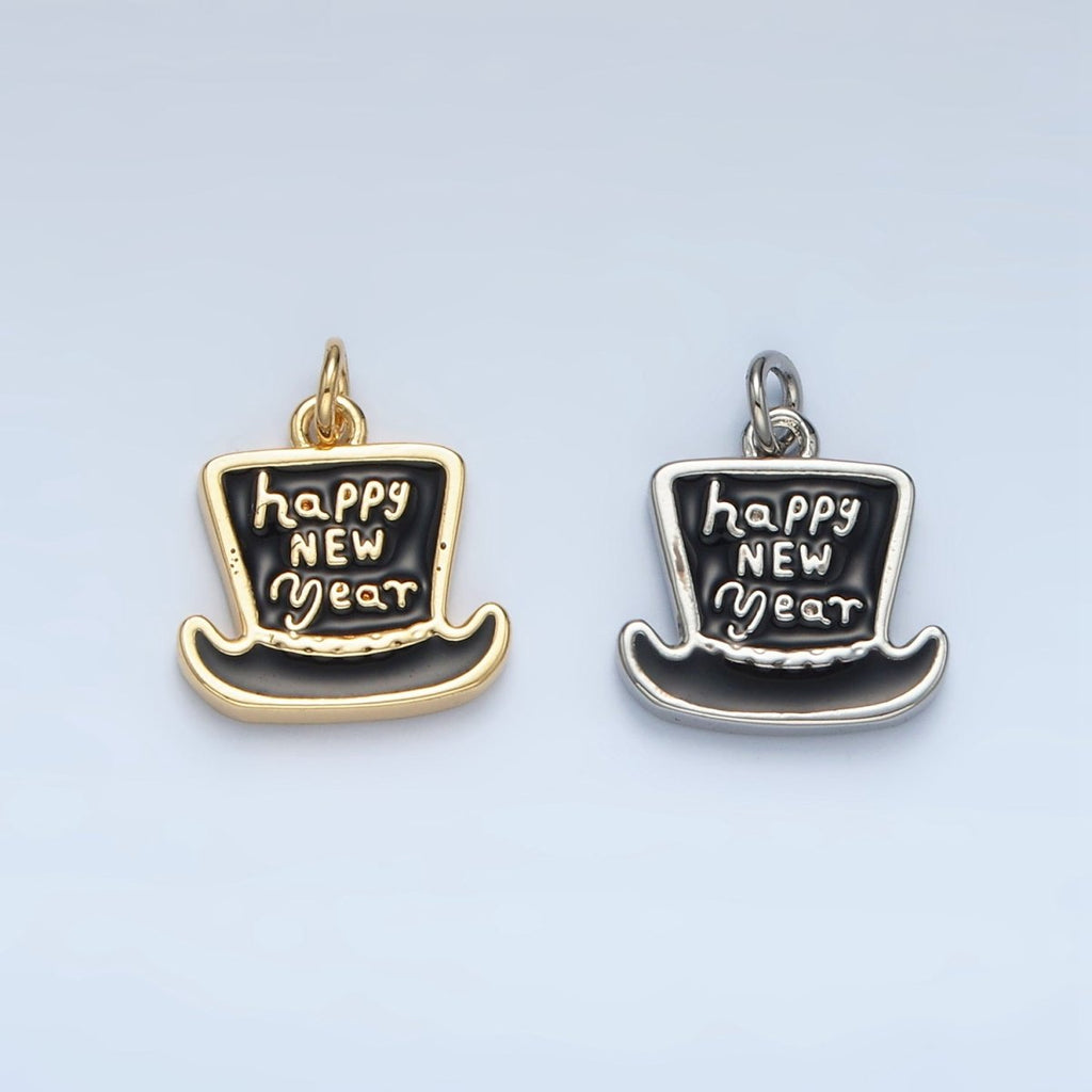 24K Gold plated "Happy New Year" Enamel Top Hat Charm in Gold & Silver | N502