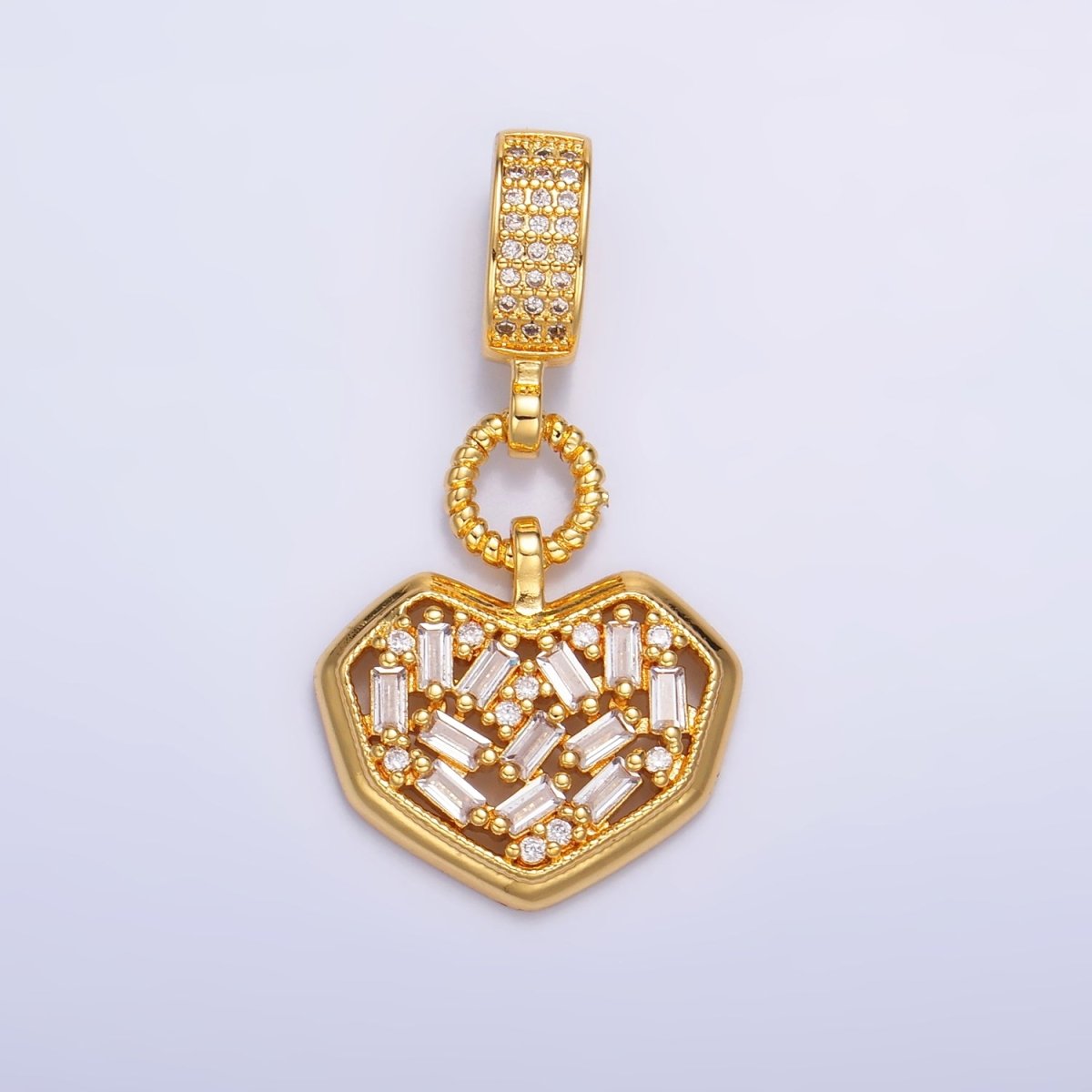 24K Gold plated Heart Baguette CZ Micro Paved Drop Bail Pendant | AA1090 