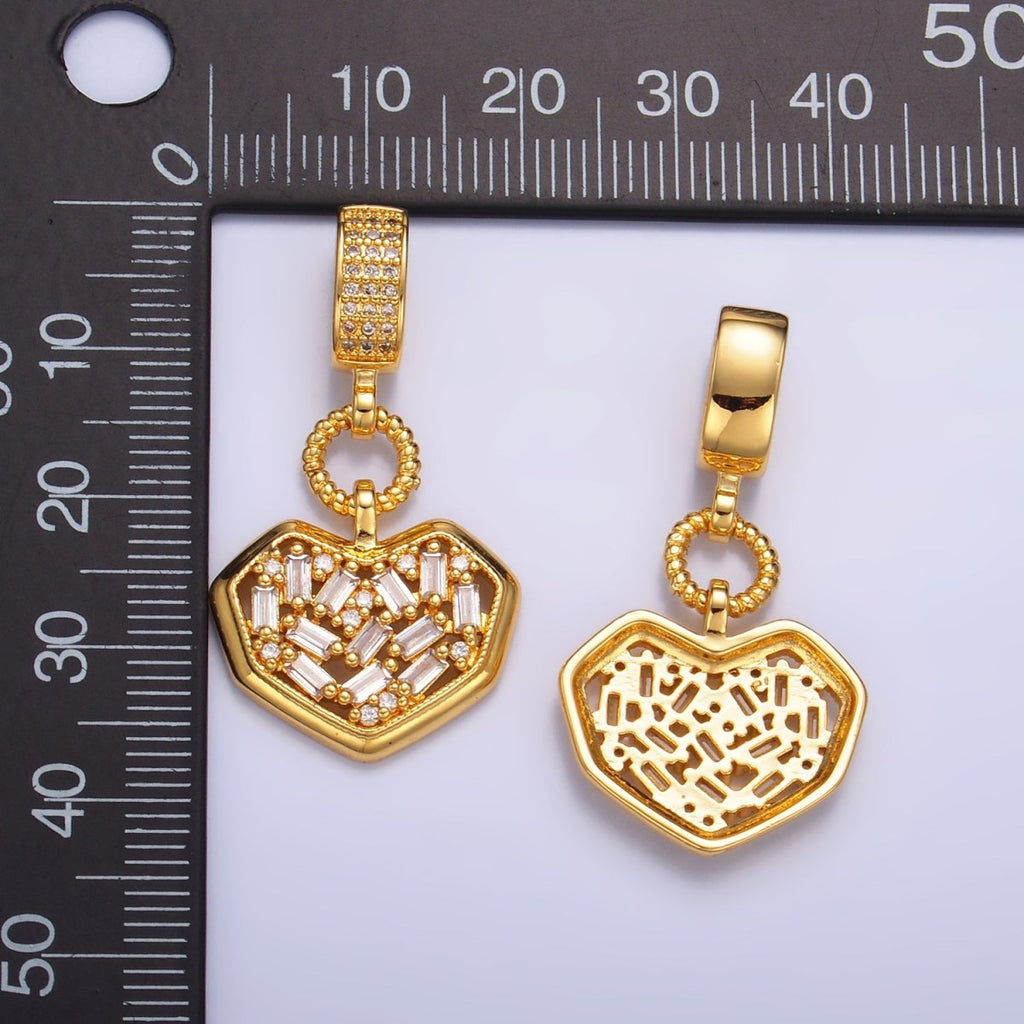 24K Gold plated Heart Baguette CZ Micro Paved Drop Bail Pendant | AA1090 