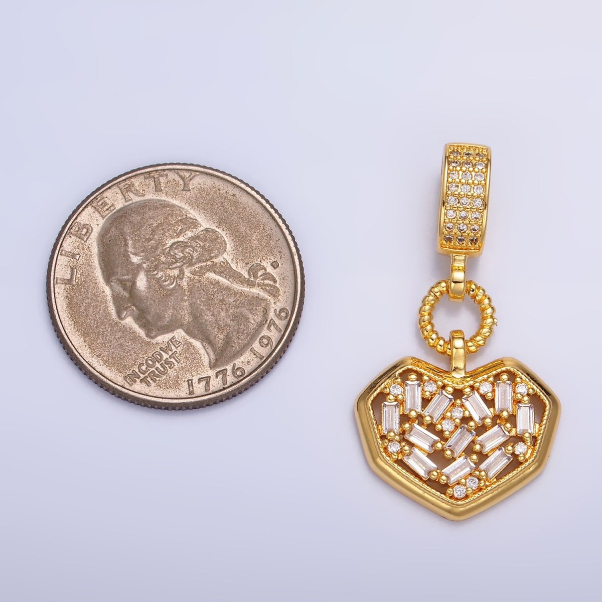 24K Gold plated Heart Baguette CZ Micro Paved Drop Bail Pendant | AA1090 