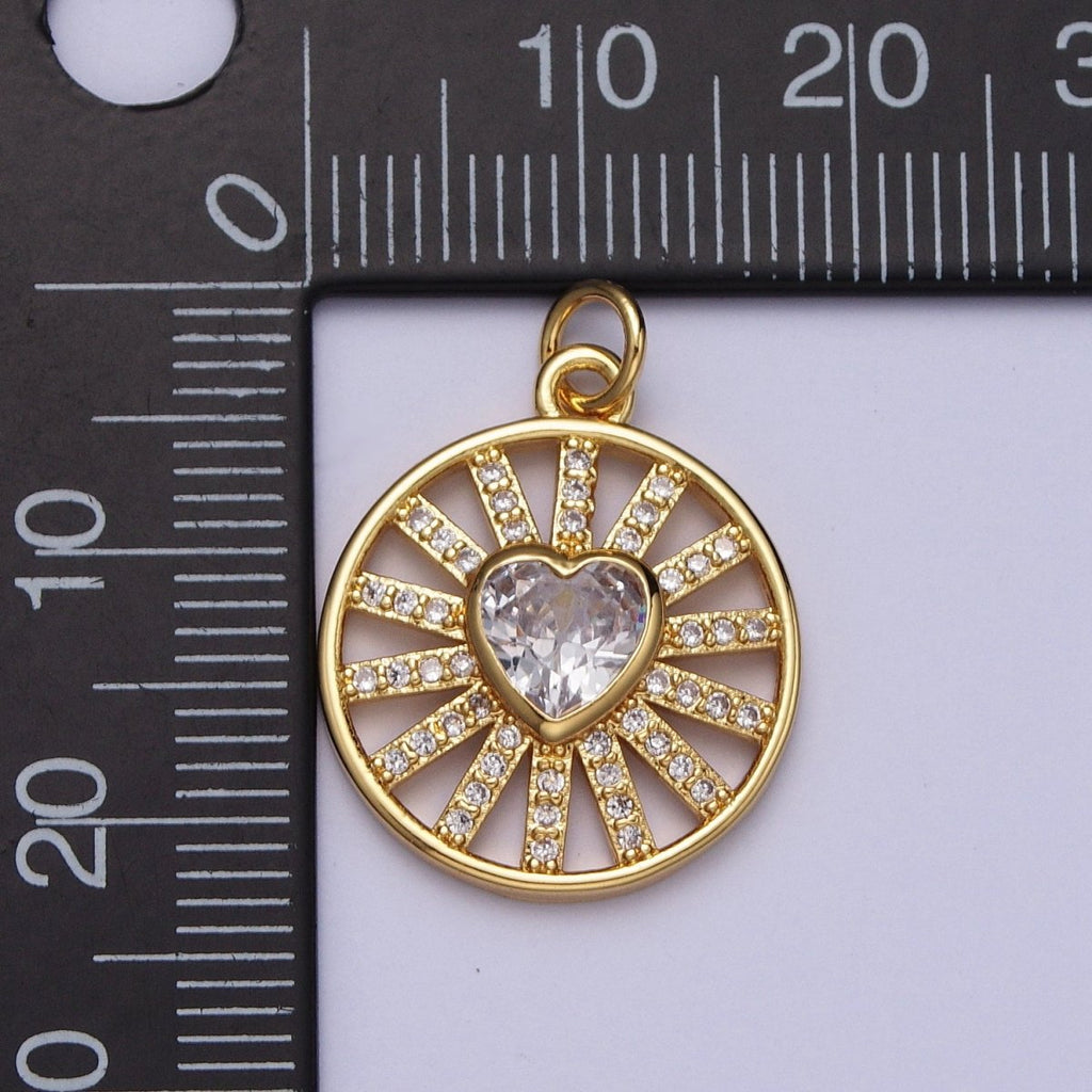 24k Gold plated Heart Charm Micro Paved CZ Radiant Round Coin Disc Charm E-452 - DLUXCA