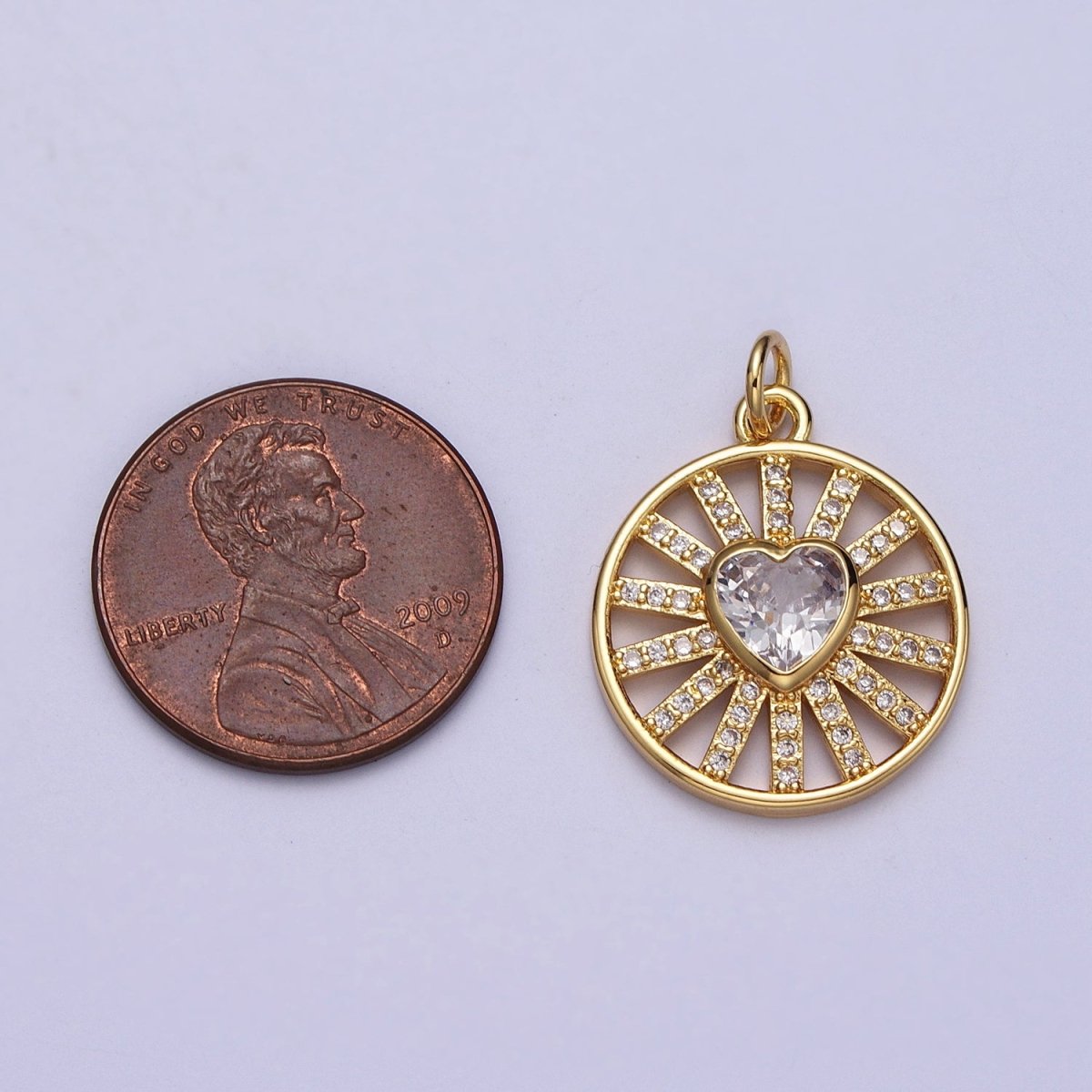 24k Gold plated Heart Charm Micro Paved CZ Radiant Round Coin Disc Charm E-452 - DLUXCA