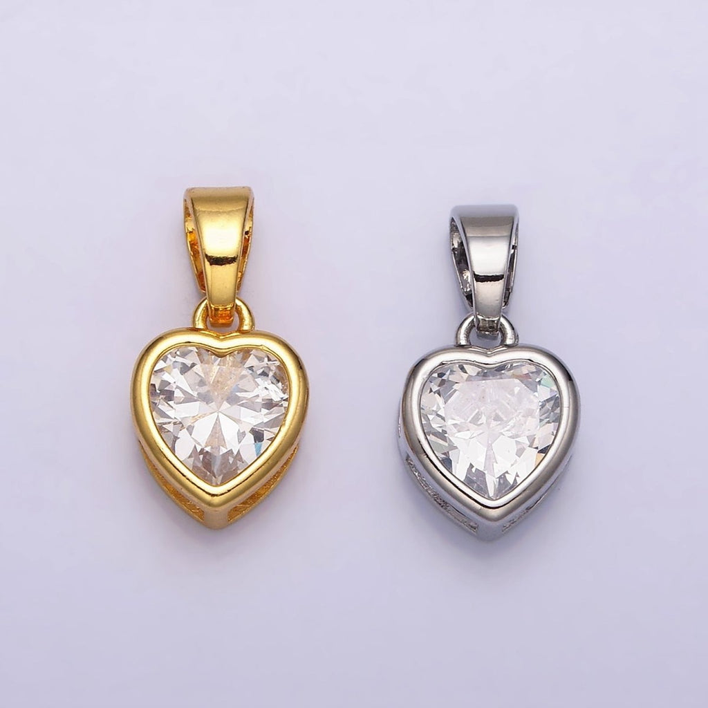 24K Gold plated Heart Clear CZ Bezel Mini Pendant in Gold & Silver | AA445 AA446