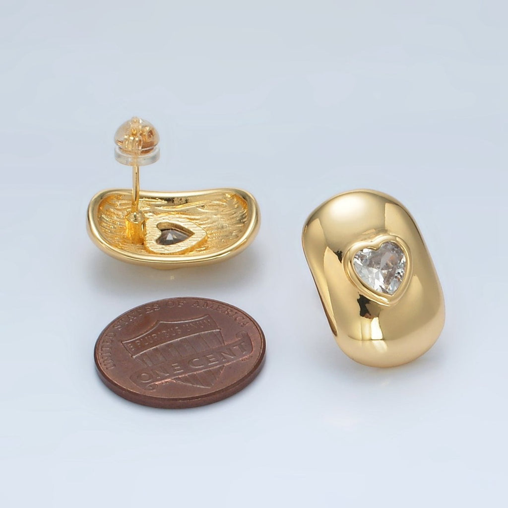 24K Gold plated Heart CZ Dome Bar Band Stud Earrings | Q350 - DLUXCA