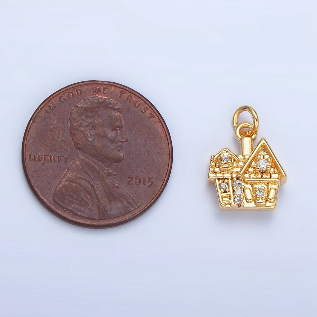 24K Gold plated Heart CZ House Home Mini Double Sided Charm | X853 - DLUXCA