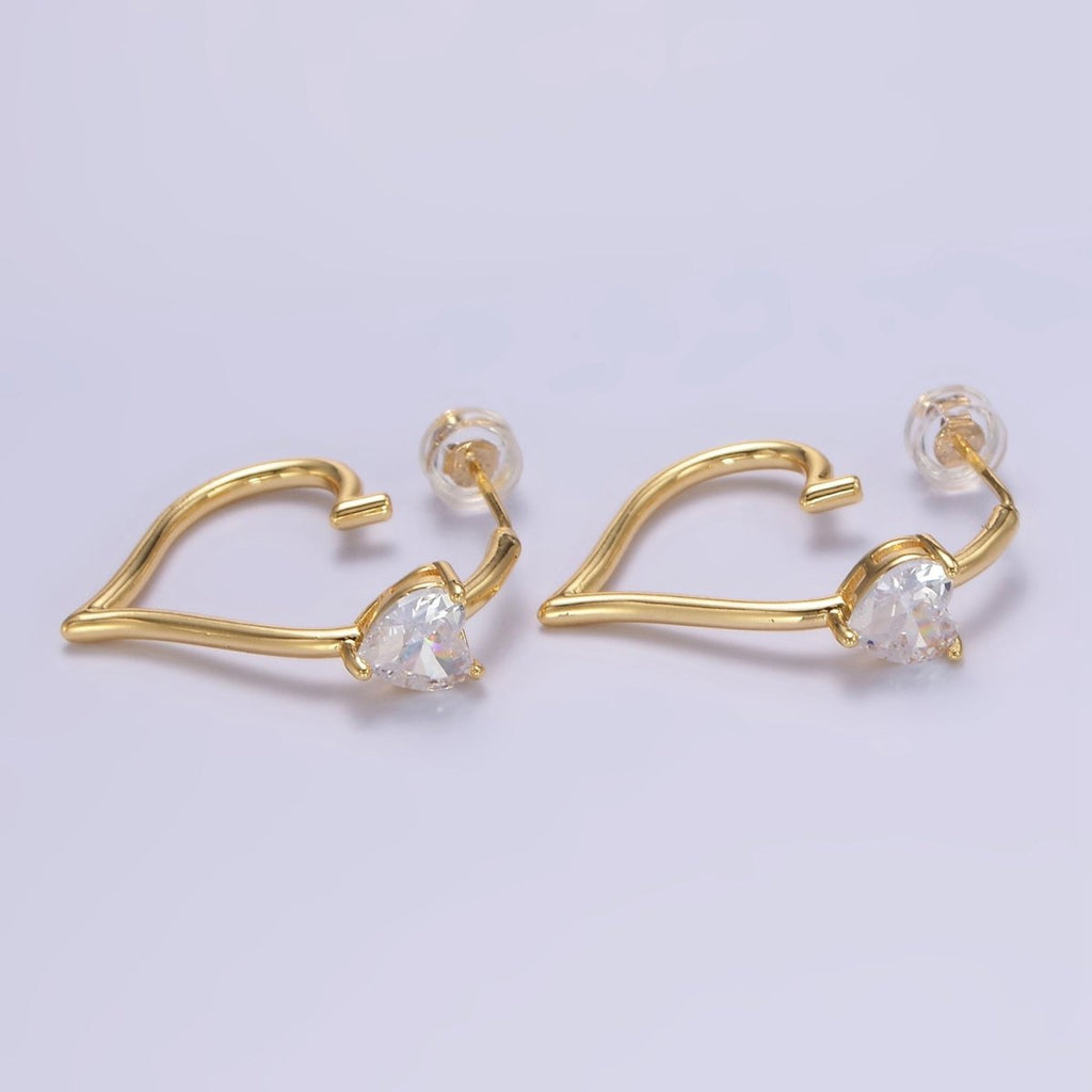 24K Gold plated Heart CZ J - Shaped Hoop Earrings | AB1185 - DLUXCA
