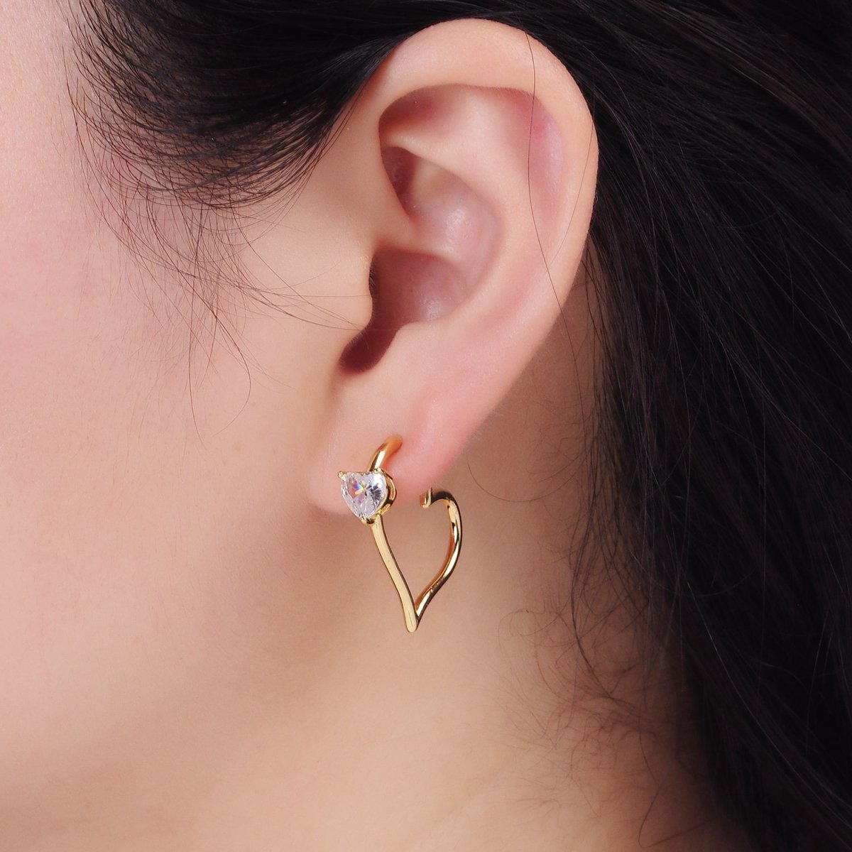 24K Gold plated Heart CZ J - Shaped Hoop Earrings | AB1185 - DLUXCA