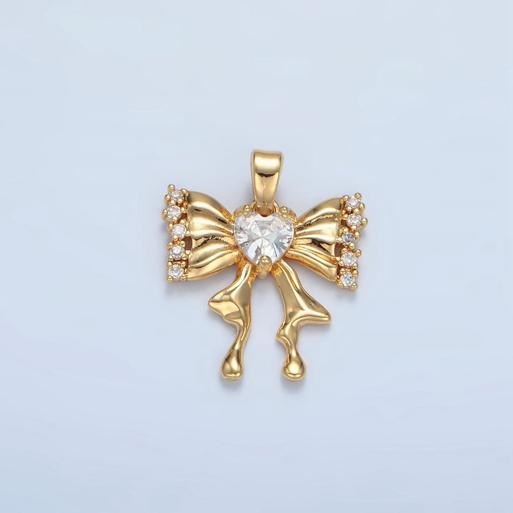 24K Gold plated Heart CZ Molten Ribbon Bow Pendant | AA073 - DLUXCA