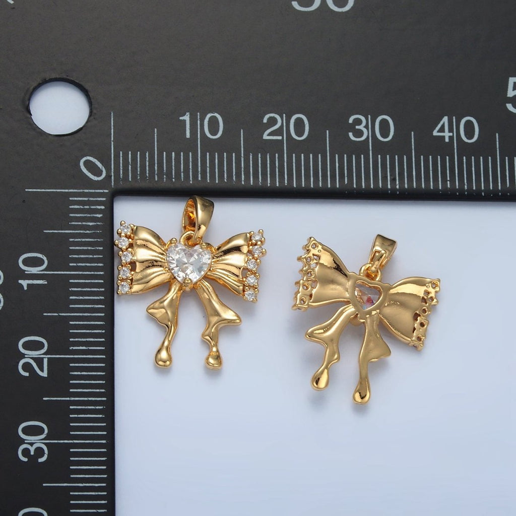 24K Gold plated Heart CZ Molten Ribbon Bow Pendant | AA073 - DLUXCA