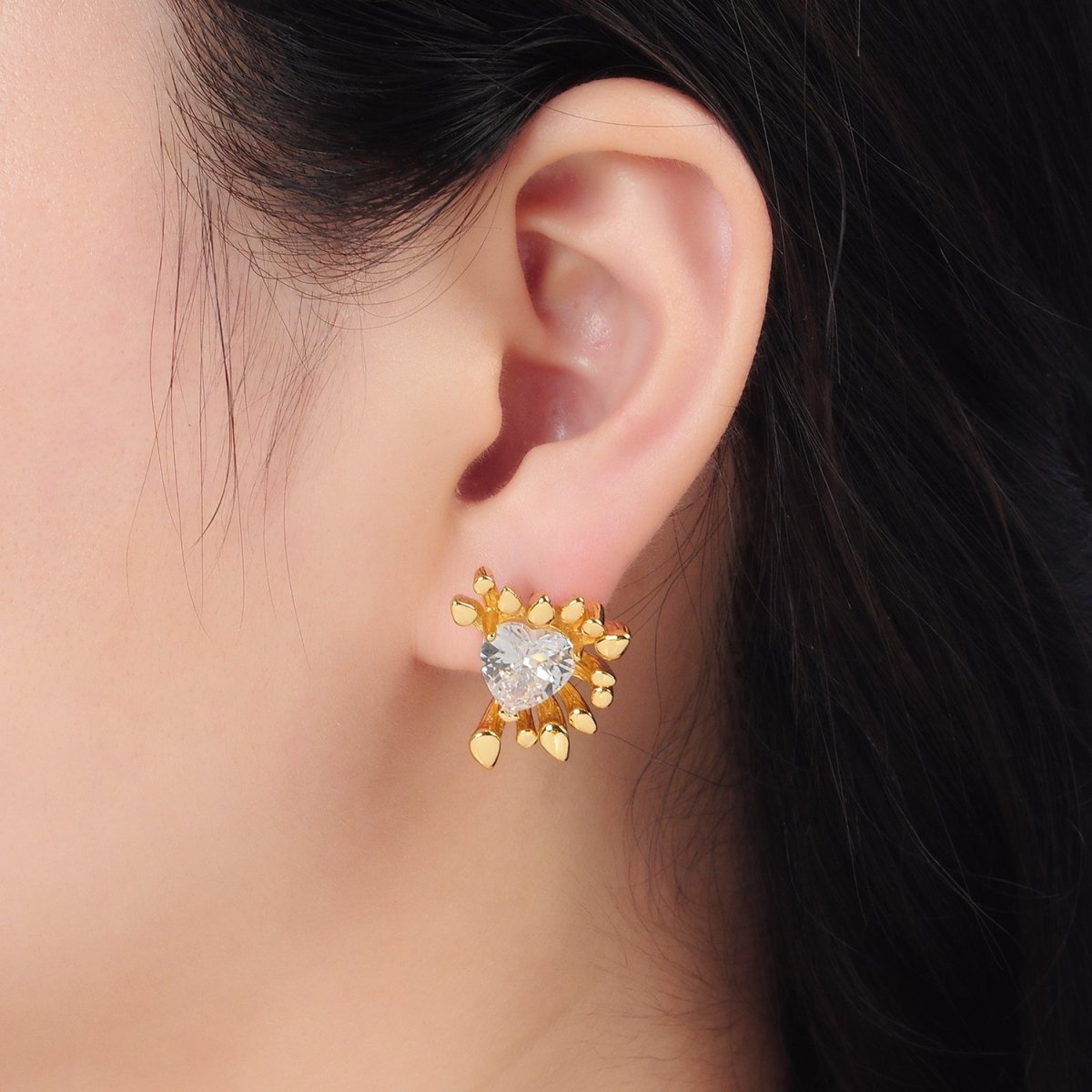 24K Gold plated Heart CZ Multiple Band Stud Earrings Set | T362 - DLUXCA