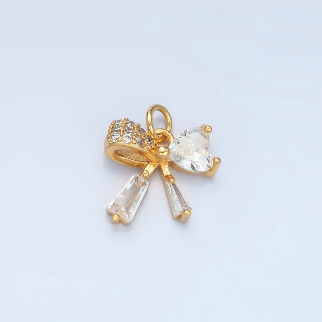 24K Gold plated Heart CZ Ribbon Baguette Charm in Gold & Silver | E386 - DLUXCA