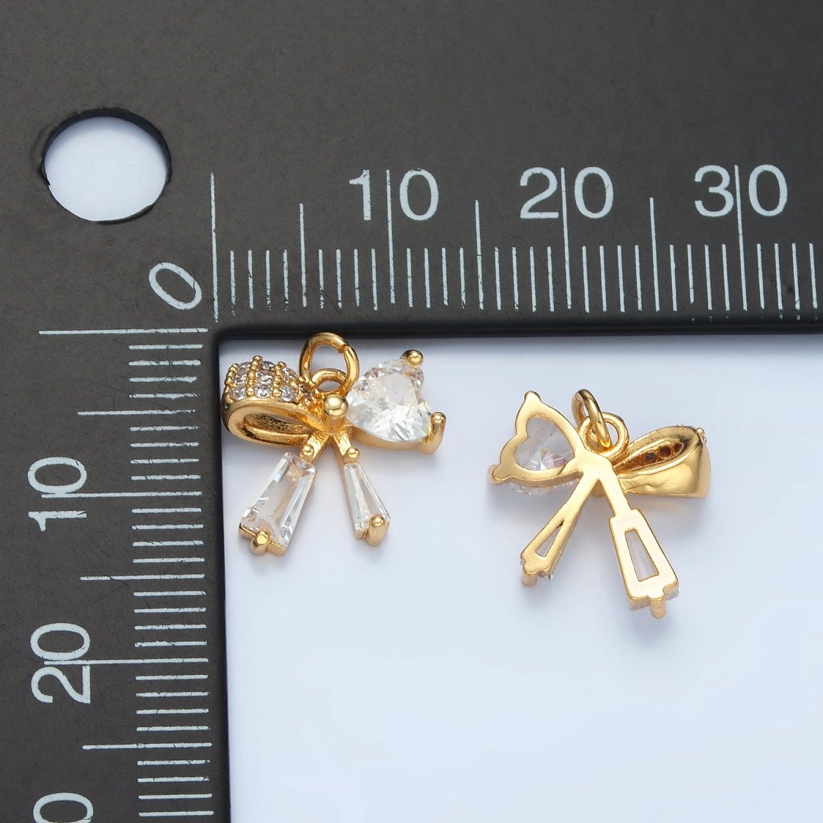 24K Gold plated Heart CZ Ribbon Baguette Charm in Gold & Silver | E386 - DLUXCA