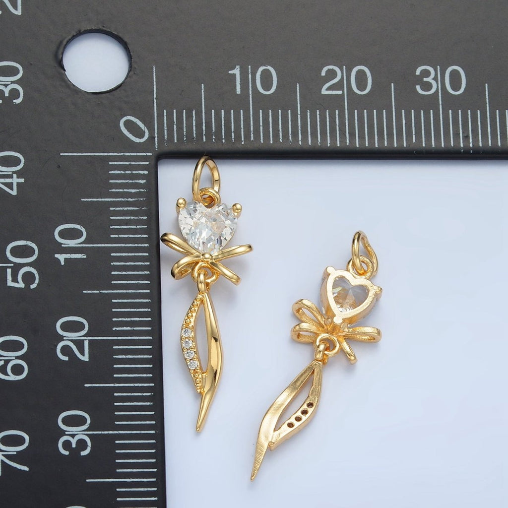 24K Gold plated Heart CZ Ribbon Bow Curved Micro Paved Drop Charm | X298 - DLUXCA